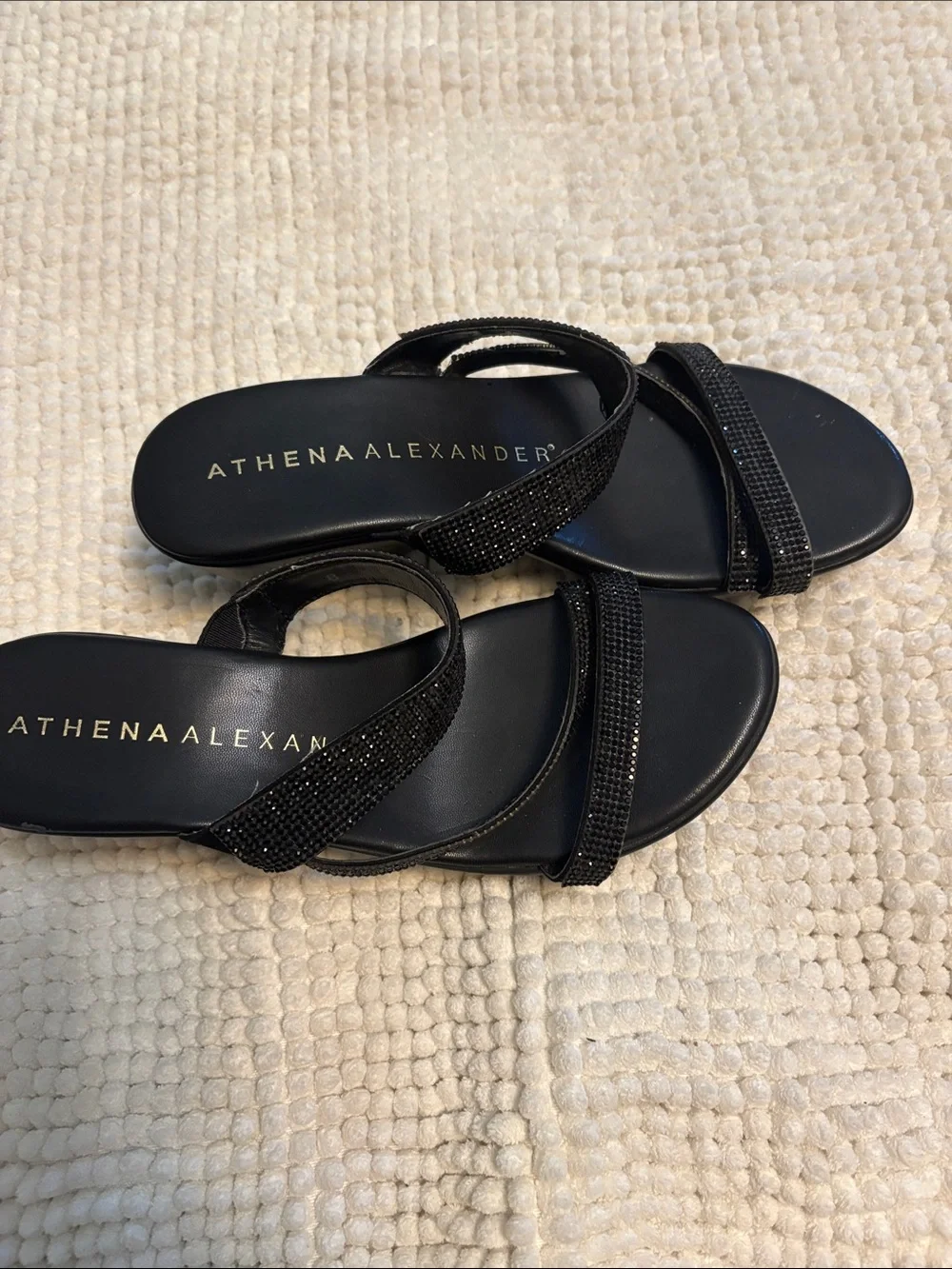 Athena Alexander Black Rhinestone Double-Strap Slide Sandals